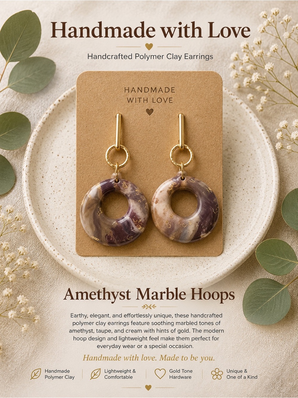 Amethyst Marble Hoop Earrings – Gold Tone Hardware